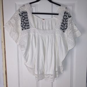 Free People Prairie Days Blouse White LACE EMBRODERED Square Neck Boho  Large